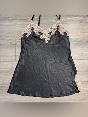 Y2K Vintage Black Satin Lace-Trim Slip Dress with Cream Lace Accents